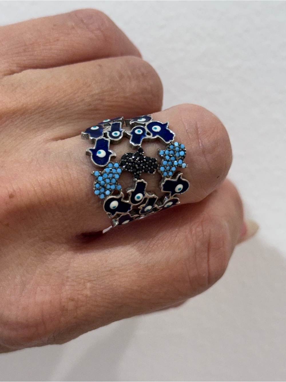 Silver tone blue black pave cz hamsa hand evil eye adjustable ring NEW